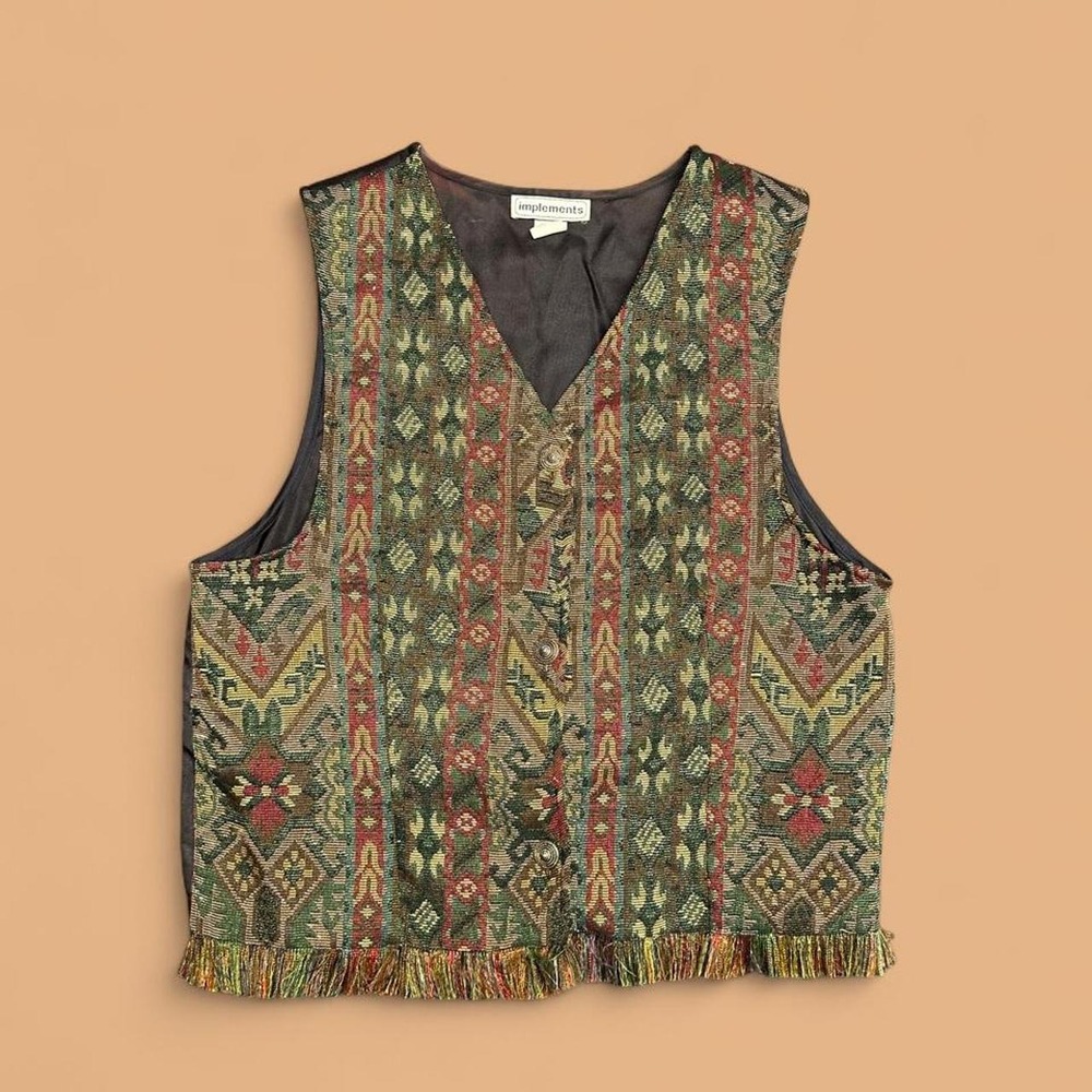 Vintage Implements Tapestry Vest Medium Multi Kilim Boho Fringe Whimsygoth - Picture 1 of 5